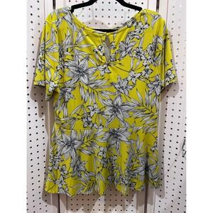 Beige by ECI Yellow Floral Peplum Top Keyhole Neck Short‎ Sleeve XL